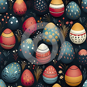 Easter eggs create a seamless pattern, a burst of vibrant colors and whimsical designs