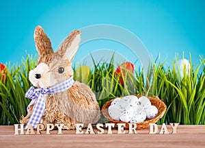 Easter eggs and cute bunny on wood table with green grass. Festive decoration