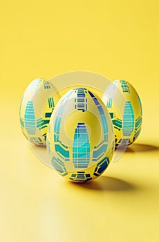 Easter eggs in cyber tech futuristic style on yellow backgrond
