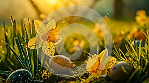 Easter eggs and daffodil flower on meadow