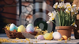 Easter eggs and daffodils in a basket on a wooden table