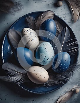 Easter eggs on dark blue plate with feathes ,