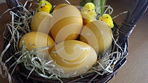 Easter eggs decorated by chickens into the basket