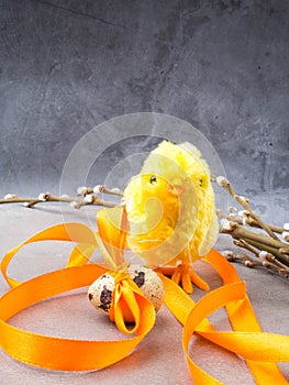 Easter eggs, yellow chicken toy, willow- the symbol of Easter