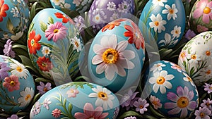 Easter eggs decorated with flowers. Easter postcard