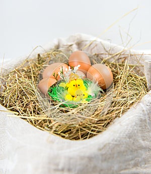 Easter eggs decorated on a hay