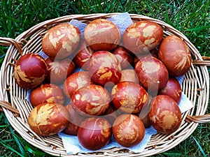 Easter Eggs Decorated with Natural Grass and Flower blossoms and Boiled in Onions Peels