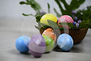 Easter eggs decoration on Easter day. With Copy paste for your text or design. Background of colorful Eastereggs decoration.