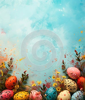 Easter eggs with delicate flowers and twigs against a background of blue sky with clouds