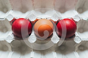 Easter eggs of different colors in tray