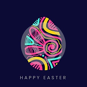 Easter eggs doddle art style Vector Illustration. Happy easter logo with a colorful egg on a dark background.