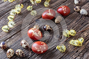 Easter eggs dyed with onion peels and quail eggs