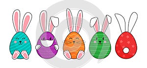Easter eggs with ears of bunny, vector face rabbits. Coronavirus protection, egg with medical mask. Holiday bright illustration