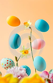 Easter eggs floating among spring flowers against a soft peach backdrop