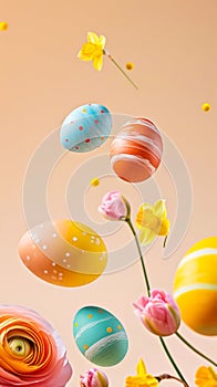 Easter eggs floating among spring flowers against a soft peach backdrop
