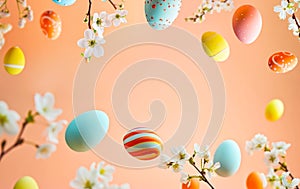 Easter eggs floating among spring flowers against a soft peach backdrop