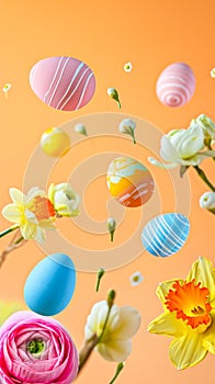 Easter eggs floating among spring flowers against a soft peach backdrop