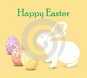 Easter eggs with floral pattern and bunny. Happy Easter. Beige vector greeting card