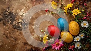 Easter eggs among flowers on brown background space for text. Generated AI