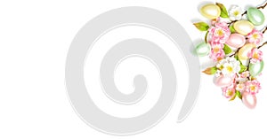 Easter eggs flowers decoration white background banner