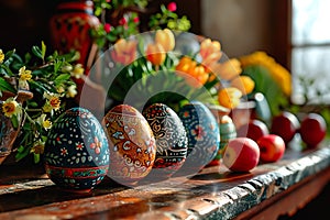 Easter eggs, flowers and fruit lie on an old wooden village table.