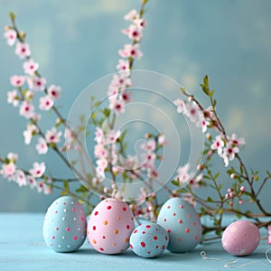 Easter Eggs and Flowers on Pastel Background with copy space