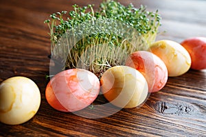 Easter eggs with fresh cress