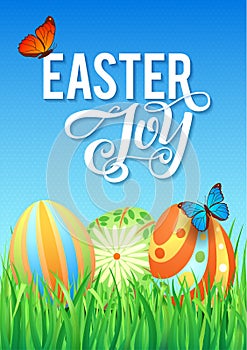 Easter eggs in Fresh Green Grass. Decorated Easter Eggs in Grass on Sky Background. Happy Easter Calligraphy Poster
