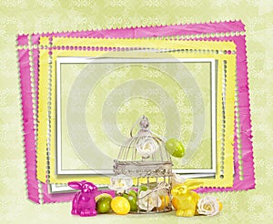 Easter eggs and funny bunny on abstract background