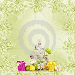 Easter eggs and funny bunny on abstract background