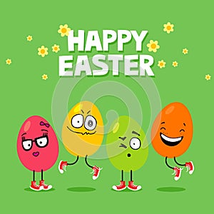 Easter eggs with funny face expressions jumping. Cartoon greeting card