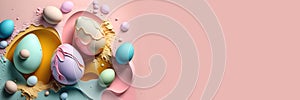 Easter eggs in gentle tones 3d on a pink background. Pastel color. Happy easter. With Generative AI tehnology