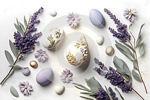 Easter eggs in gentle tones with flowers on a white background. With Generative AI tehnology