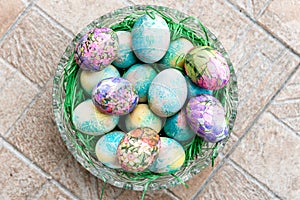 Easter eggs in a glass bowl