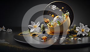 Easter eggs in a golden egg cup with flowers on a black background