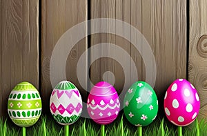 Easter eggs on the grass, against the background of a wooden surface.
