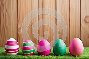 Easter eggs on the grass, against the background of a wooden surface.
