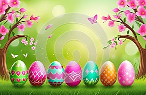 Easter eggs on the grass, against the flower background.