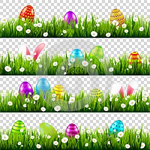 Easter eggs on grass with bunny rabbit ears set. Spring holidays in April. Sunday seasonal celebration with egg hunt.