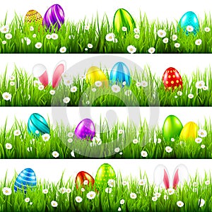 Easter eggs on grass with bunny rabbit ears set. Spring holidays in April. Sunday seasonal celebration with egg hunt.