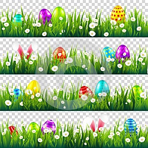 Easter eggs on grass with bunny rabbit ears set. Spring holidays in April. Sunday seasonal celebration with egg hunt.