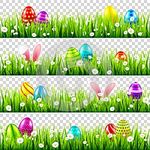 Easter eggs on grass with bunny rabbit ears set. Spring holidays in April. Sunday seasonal celebration with egg hunt.