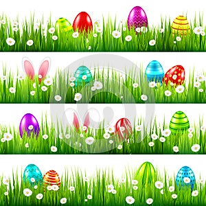 Easter eggs on grass with bunny rabbit ears set. Spring holidays in April. Sunday seasonal celebration with egg hunt.