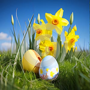 Easter eggs in grass with daffodils on blue sky background