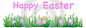 Easter eggs in grass with flowers banner