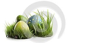 Easter eggs in the grass, isolated on a white background.