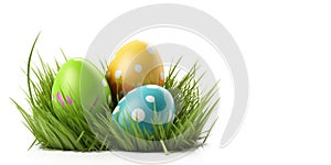 Easter eggs in the grass, isolated on a white background.