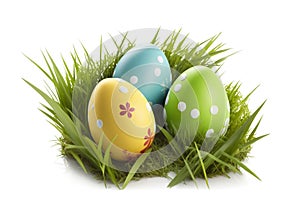Easter eggs on the grass, isolated on a white background.
