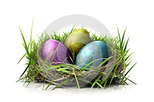Easter eggs on the grass, isolated on a white background.