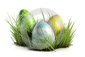 Easter eggs on the grass, isolated on a white background.
